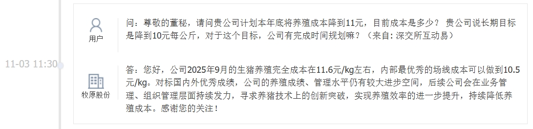 牧原股份：9月生猪养殖完全成本在11.6元/kg左右