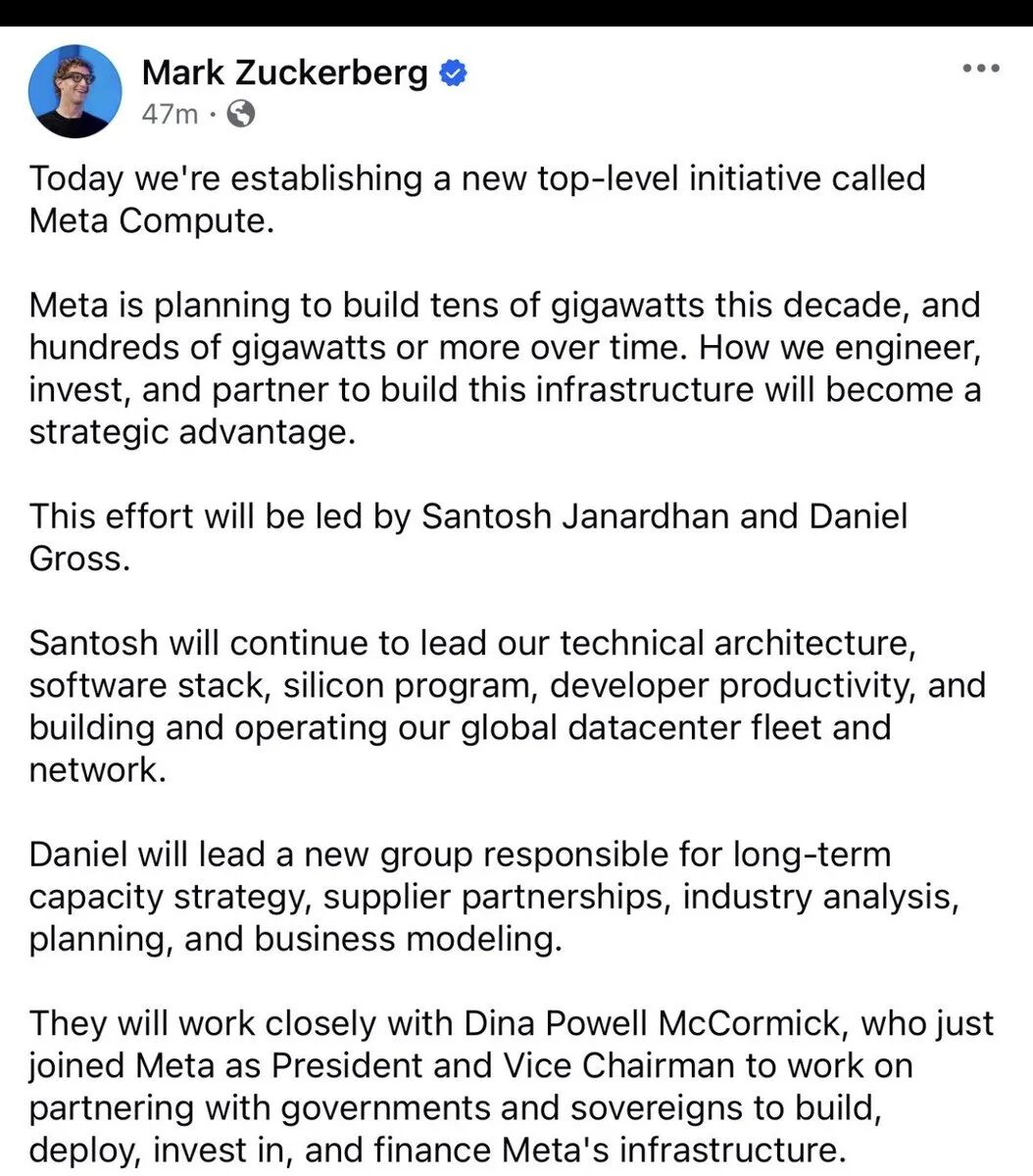 META Zuck announcing Meta Compute. They are already 100% in on data center  buildouts. $META investments in AI and compute supercharge their algo heavy  business: ads, targeting, engagement, etc. Zuck acknowledged the