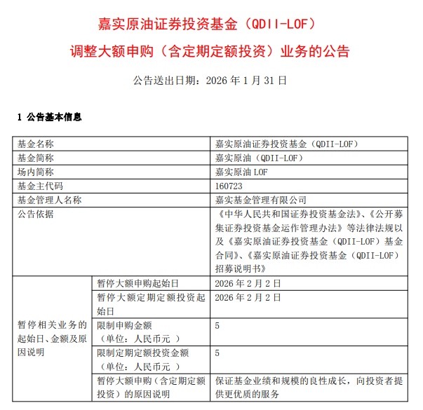 嘉实原油LOF：自2月2日起暂停大额申购、大额定期定额投资业务，每日累计投资限额不超过5元