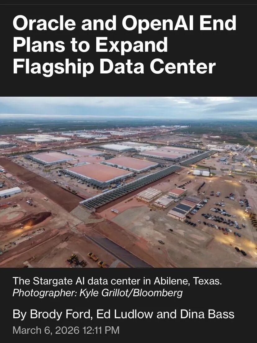 ORCL & #OpenAI Oacle Corp. and OpenAI have scrapped plans to expand a  flagship artificial intelligence data center in Texas after negotiations  dragged over financing and OpenAI's changing needs.