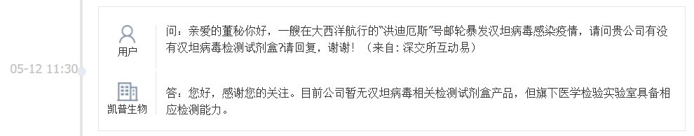 凯普生物：公司暂无汉坦病毒相关检测试剂盒产品