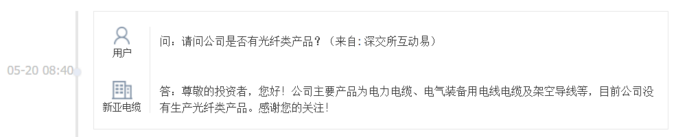 新亚电缆：目前公司没有生产光纤类产品