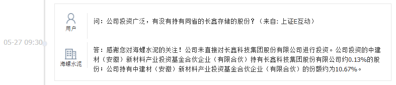 海螺水泥：参股基金持有长鑫科技约0.13%股份