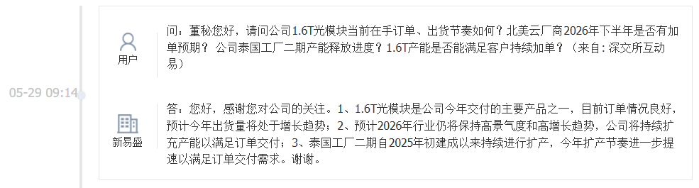 新易盛：1.6T光模块订单情况良好 预计今年出货量将处于增长趋势