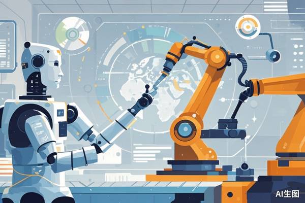 Robotik kol ve insansı robot, arka planda dijital ekranlar ve bir dünya haritası bulunan karmaşık bir makine üzerinde işbirliği yapıyor.