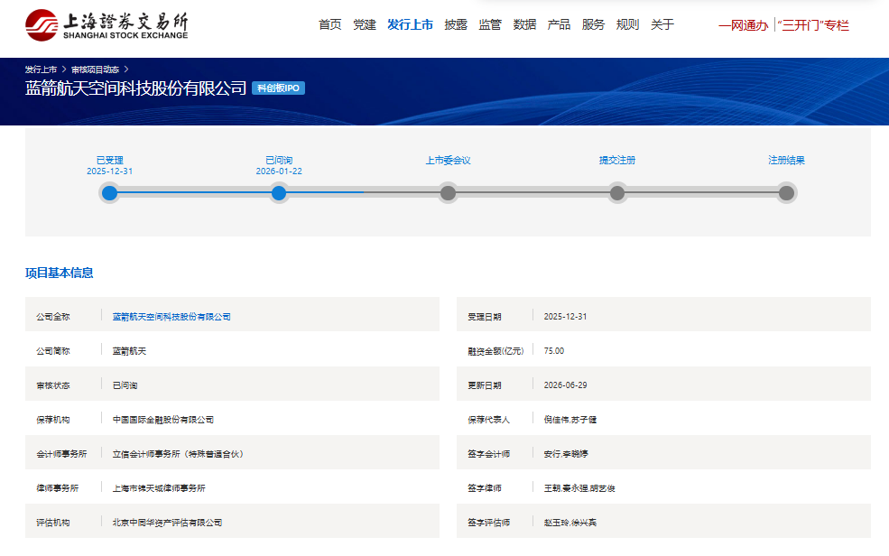 蓝箭航天科创板IPO审核状态为“已问询”