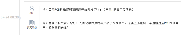 奥克股份：光固化单体原材料产品小规模供货