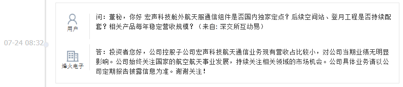 烽火电子：控股子公司宏声科技航天通信业务现有营收占比较小