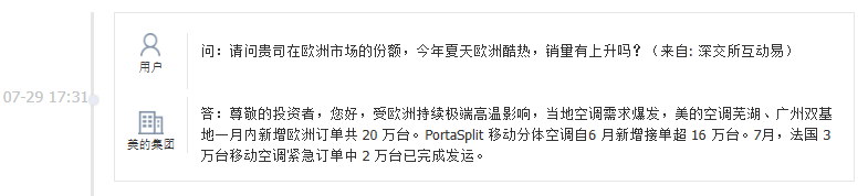 美的集团：受欧洲持续极端高温影响当地空调需求爆发，空调芜湖、广州双基地一月内新增欧洲订单共20万台