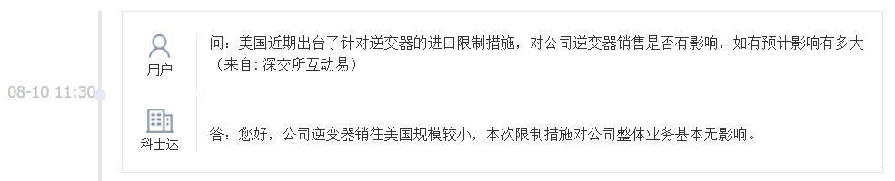 科士达：逆变器销往美国规模较小，相关限制措施对整体业务基本无影响