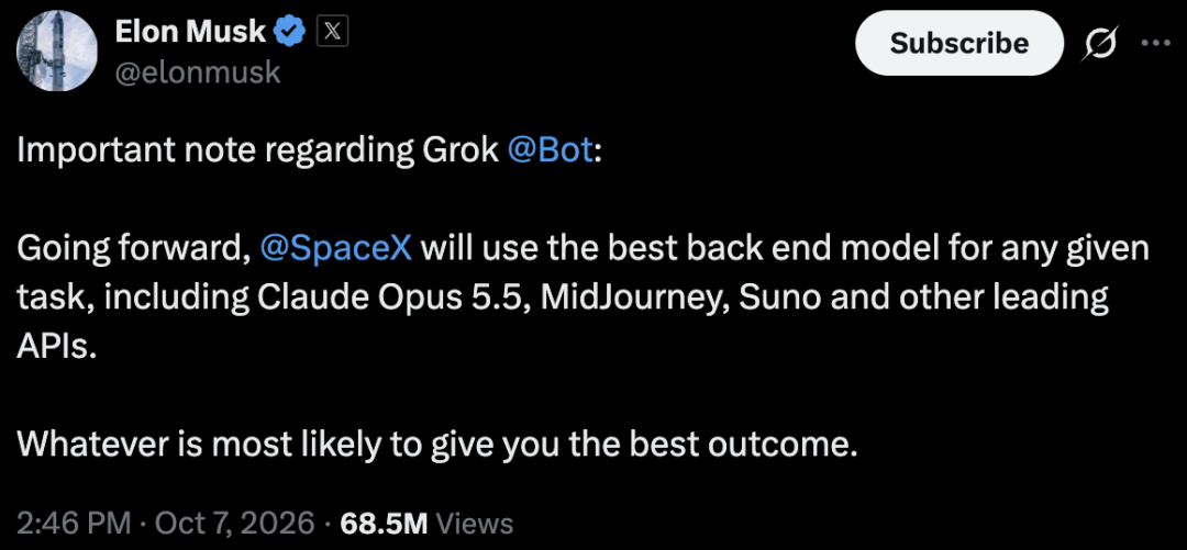 Musk Says Grok Bot Will Route Tasks to Claude and Other Models 2